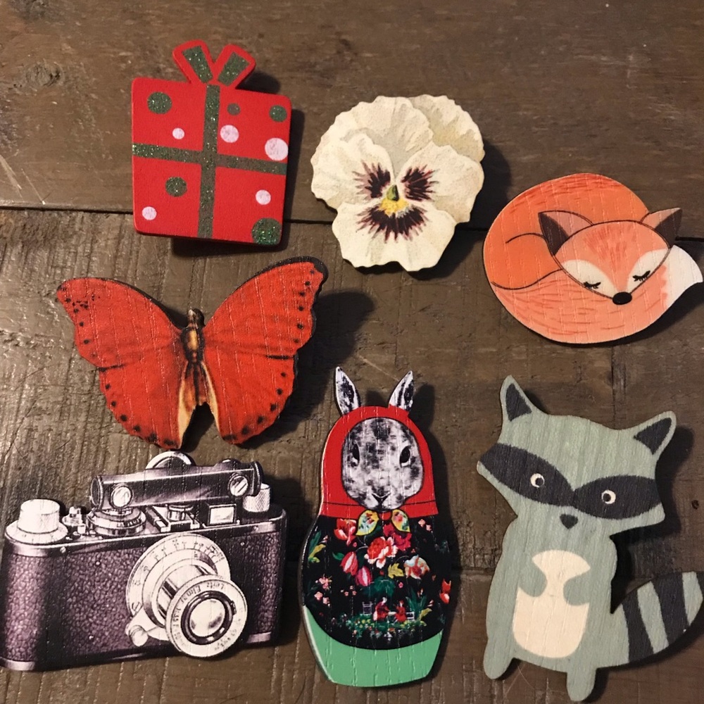 Quirky wooden pins set of 7